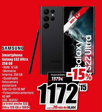 MediaWorld Samsung Smartphone Galaxy S22 Ultra 256 GB offerta