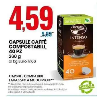Eurospin Espresso Italia Capsule Caffe' Compostabili, 40 pz 260 g offerta