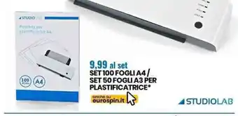 Eurospin Studiolab Set 100 Fogli A4/Set 50 Fogli A3 per Plastificatrice offerta