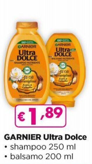Acqua & Sapone Garnier Ultra Dolce Shampoo 250 ml, Balsamo 200 ml offerta
