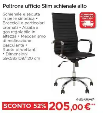 Poltrona Ufficio Slim Schienale Alto 59x58x109/120 cm