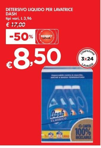 Bennet Detersivo liquido per lavatrice dash tipi vari, l 3,96 offerta