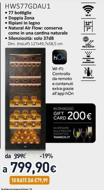 Unieuro Haier Wine Bank 50 Serie 7 HWS77GDAU1 Cantinetta Vino Con Compressore Libera Installazione Nero 77 Bottiglia/bottiglie offerta