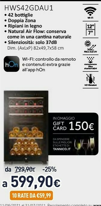 Unieuro Haier Wine Bank 50 Serie 7 HWS42GDAU1 Cantinetta Vino Con Compressore Libera Installazione Nero 42 Bottiglia/bottiglie offerta