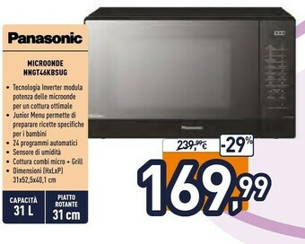 Unieuro Panasonic NN-GT46 , Microonde Grill, 31 Lt, 24 Programmi Automatici, Inverter offerta