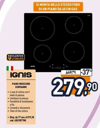 Unieuro Ignis GS 09Q60 NE Nero Da Incasso 60 Cm A Induzione 4 Fornello(i) offerta