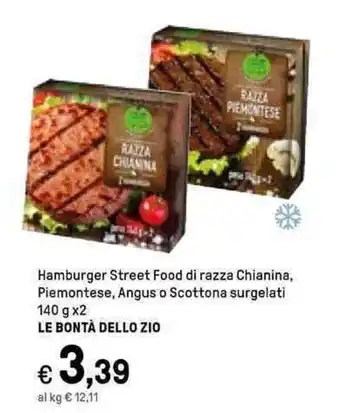 Le Bontà Dello Zio Hamburger Street Food di razza Chianina, Piemontese, Angus o Scottona surgelati 140 g x2