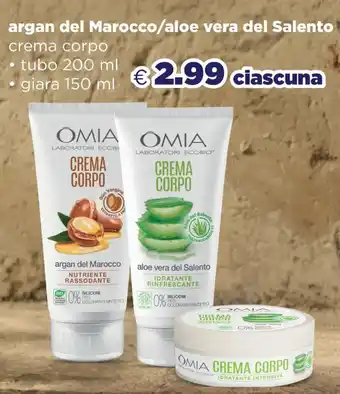 Acqua & Sapone Omia argan del Marocco/aloe vera del Salento crema corpo tubo 200 ml/giara 150 ml offerta