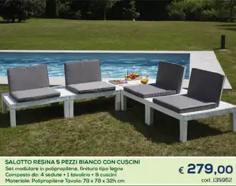 Salotto Resina 5 Pezzi Bianco Con Cuscini
