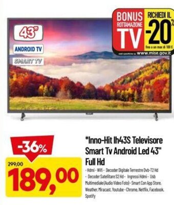 DPiù Inno-Hit Ih43S Televisore Smart Tv Android Led 43" Full Hd offerta