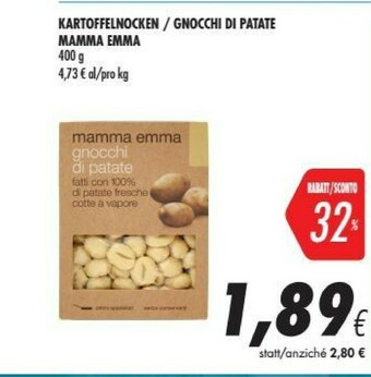 Mamma emma Gnocchi Fatti Con Patate Fresche Cotte A Vapore 400 G(ml)