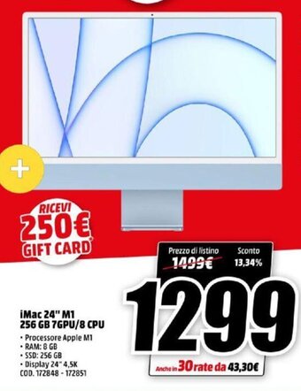 MediaWorld iMac 24" M1 256 GB 7GPU/8 CPU offerta