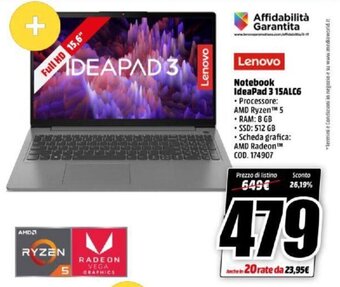 MediaWorld Lenovo Notebook IdeaPad 3 15ALC6 offerta