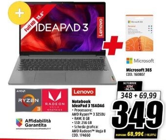MediaWorld Lenovo Notebook IdeaPad 3 15ADA6 offerta