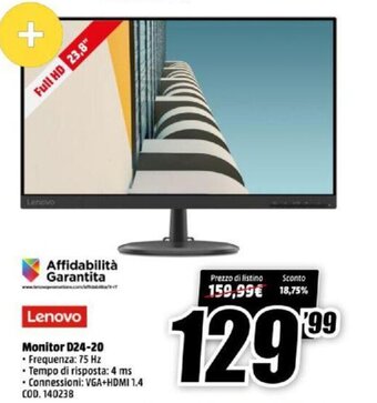 MediaWorld Lenovo Monitor D24-20 offerta
