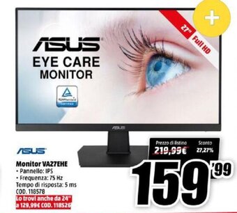 MediaWorld Asus Monitor VA27EHE offerta