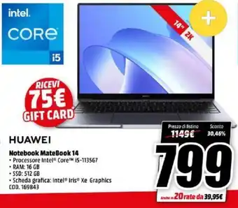 MediaWorld Huawei Notebook MateBook 14 offerta