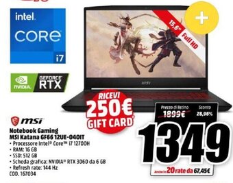 MediaWorld msi Notebook Gaming Katana GF66 12UE-040IT offerta
