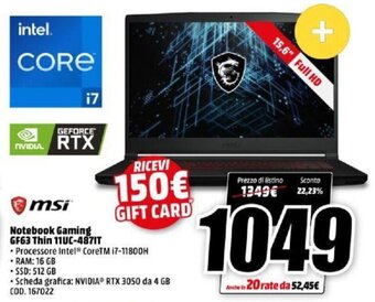 MediaWorld msi Notebook Gaming GF63 Thin 11UC-487IT offerta