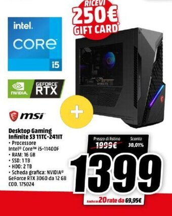 MediaWorld msi Desktop Gaming Infinite S3 11TC-241IT offerta