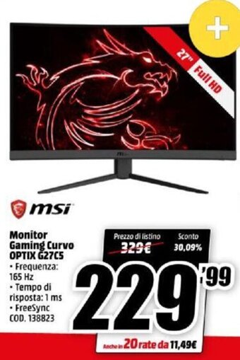 MediaWorld msi Monitor Gaming Curvo Optix G27C5 offerta