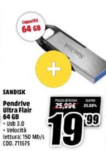 MediaWorld Sandisk Pendrive Ultra Flair 64 GB offerta