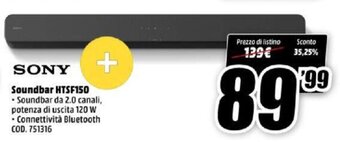 MediaWorld Sony Soundbar HTSF150 offerta