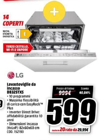 MediaWorld LG Lavastoviglie da incasso DB325TXS offerta