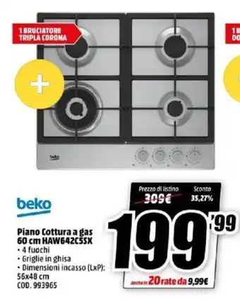 MediaWorld beko Piano Cottura a gas 60 cm HAW642C5SX offerta