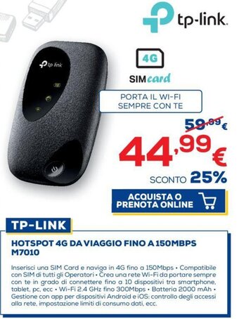 Euronics TP-Link Hotspot 4G Da Viaggio Fino A 150MBPS M7010 offerta