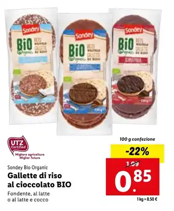 Lidl Sondey Bio Organic Galette di riso al cioccolato Bio Fondente,al latte o al altte e cocco 100 g offerta