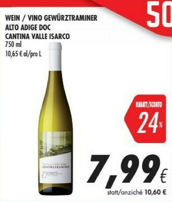 Coop Cantina Valle Isarco Vino Gewurztraminer Alto Adige Doc offerta