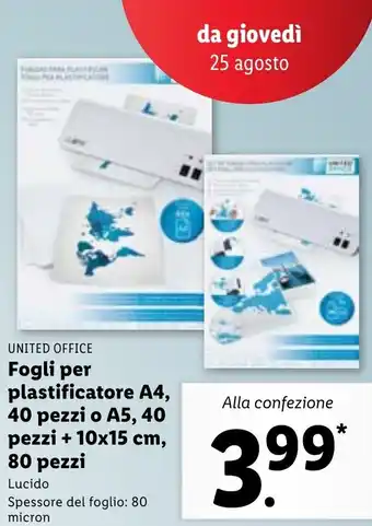 Lidl United Office plastificatore A4 40 pezzi o A5,40 pezzi + 10 x 15 cm, 80 pezzi offerta