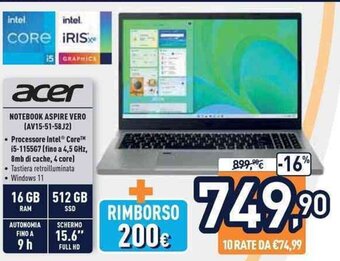 Unieuro acer Notebook Aspire Vero (AV15-51-58J2) offerta