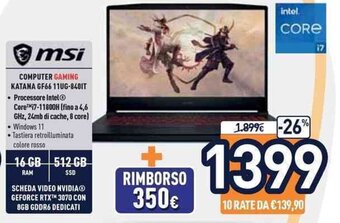 Unieuro msi Computer Gaming Katana GF66 11UG-840IT offerta