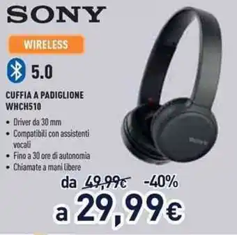 Unieuro Sony Cuffia a Padiglione WHCH510 offerta
