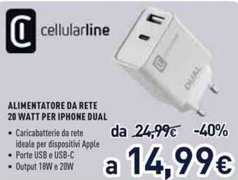 Unieuro Cellularline Alimentatore da rete 20 watt per iphone dual offerta