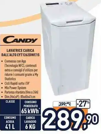 Unieuro Candy Lavatrice Carica Dall'Alto EYT1262DWE1S offerta