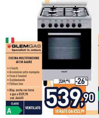 Unieuro Glem Gas Cucina Multifunzione 60 cm A66RX offerta