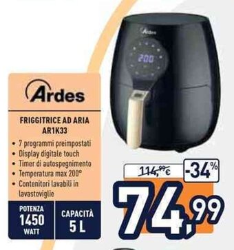 Unieuro Ardes Friggitrice Ad Aria AR1K33 offerta