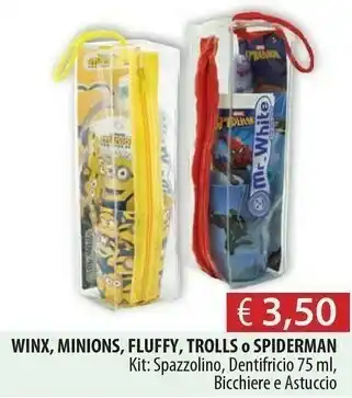 Acqua & Sapone Minions Winx, Minions, Fluffy, Trolls O Spiderman Kit Spazzolino, Dentifricio 75 Ml offerta