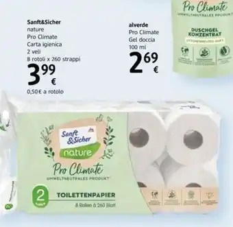dm drogerie markt Sanft&Sicher nature Pro Climate Carta igienica 2 veli 8 rotoli x 260 strappi offerta