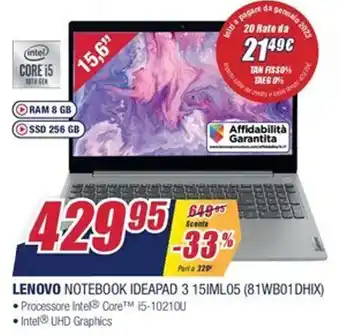 Trony Lenovo Notebook Ideapad 3 15IML05 (81WB01DHIX) offerta