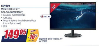 Trony Lenovo Monitor LCD 27" D27-30 (66B8KAC6IT) offerta
