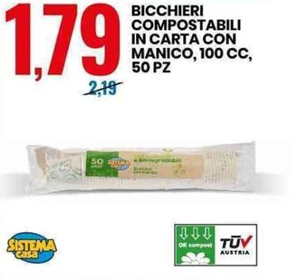 Eurospin Bicchieri Compostabili In Carta Con Manico 100 cc 50 pz offerta