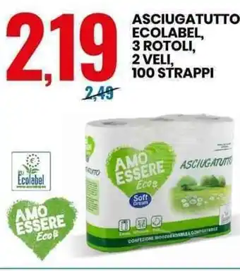 Eurospin Asciugatutto Ecolabel, 3 Rotoli, 2 Veli, 100 Strappi offerta