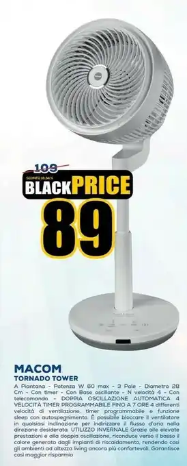 Euronics Macom Ventilatore Tornado Tower Ventilatore Piantana Con Doppia Oscillazione Verticale/orizzontale. Telecomando Incluso offerta