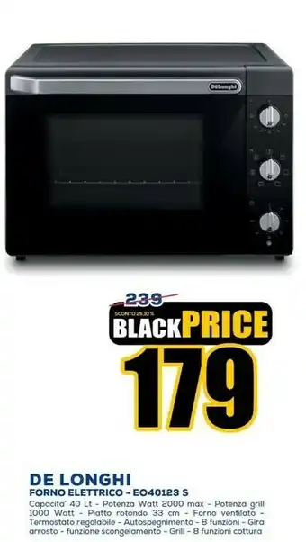 Euronics De Longhi DeLonghi EO 40123.S 40 L Nero Grill 2000 W offerta