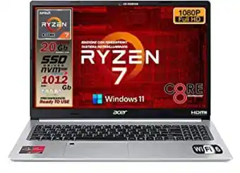 Amazon Notebook acer portatile, cpu ryzen 7 5700u 8 core, ram 20gb, ssd pci 512gb + hd 500gb, display 15,6 fullhd ips, tastiera r... offerta