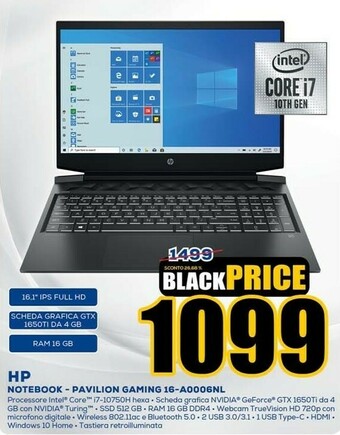 Euronics HP Pavilion Gaming 16-a0006nl DDR4-SDRAM Computer Portatile 40,9 Cm (16.1") 1920 X 1080 Pixel Intel® Core™ I7 Di Decima Gener offerta